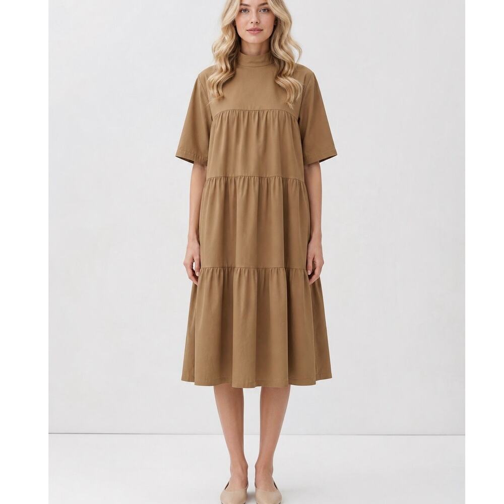 Everlane Tiered Mock Neck Dress Women’s Size Small Minimalist Cottagecore Poplin